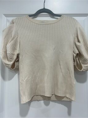 En Saison Cream Ribbed Puff Sleeve Top